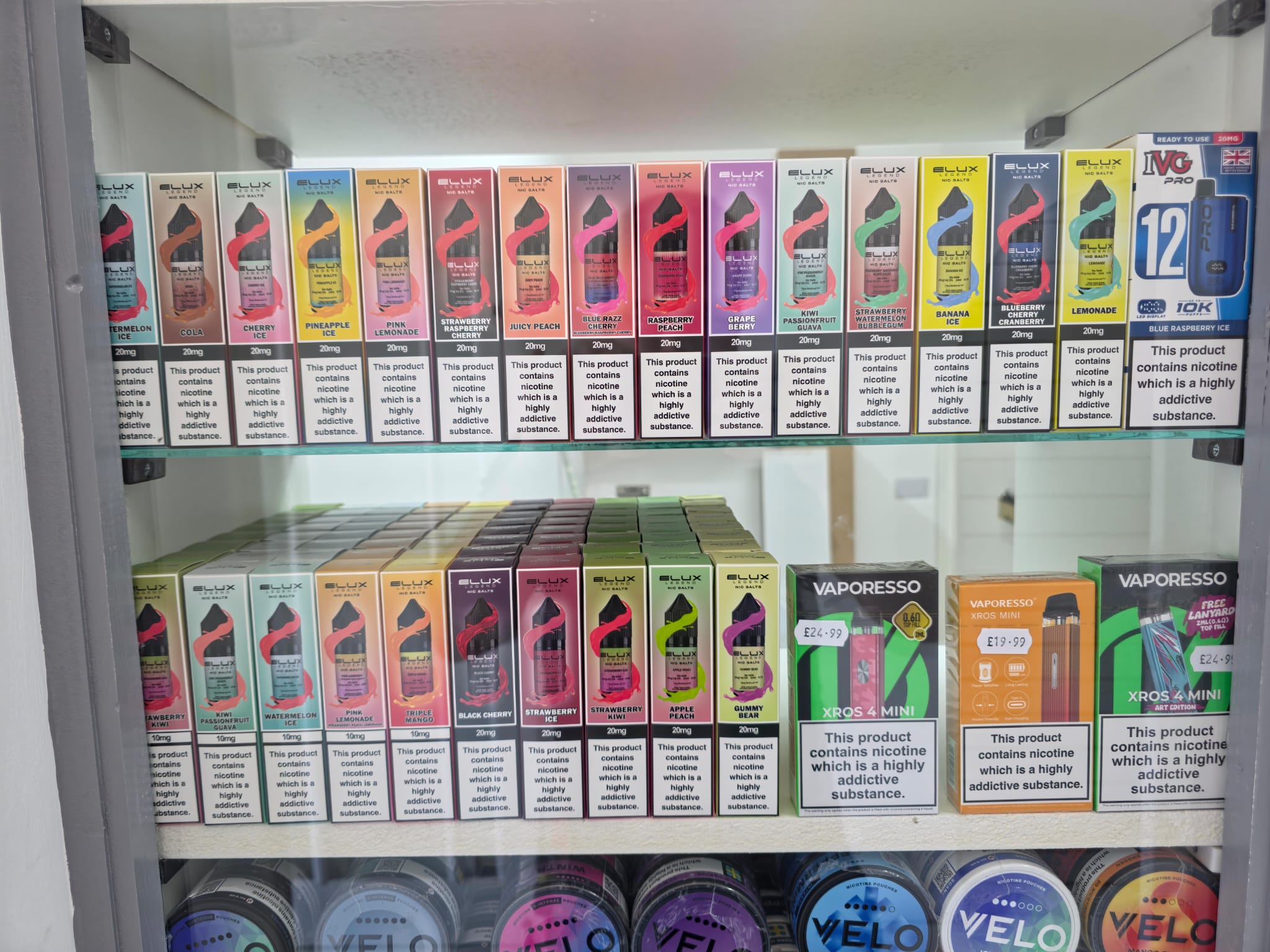 Vape and e-liquid display wall inside JC Tech Cowley